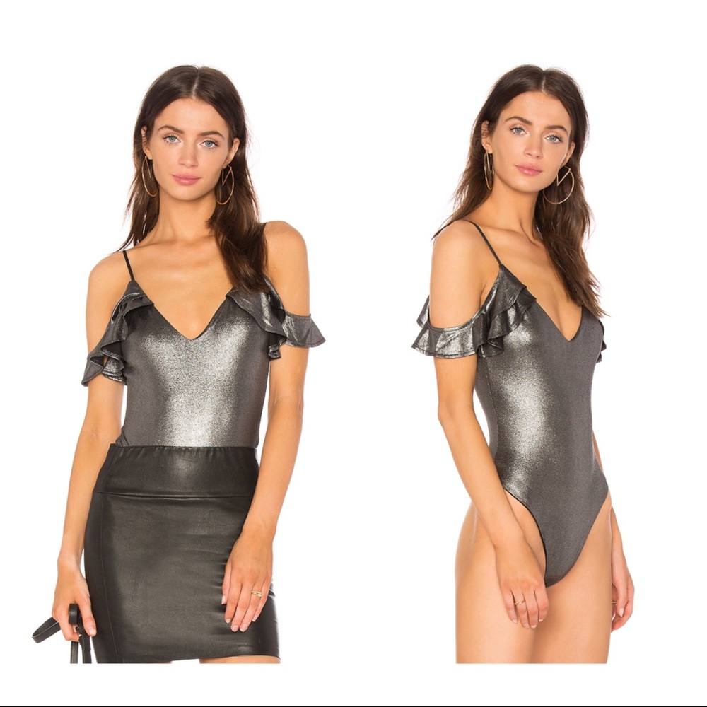 NBD Cold shoulder shiny metallic bodysuit